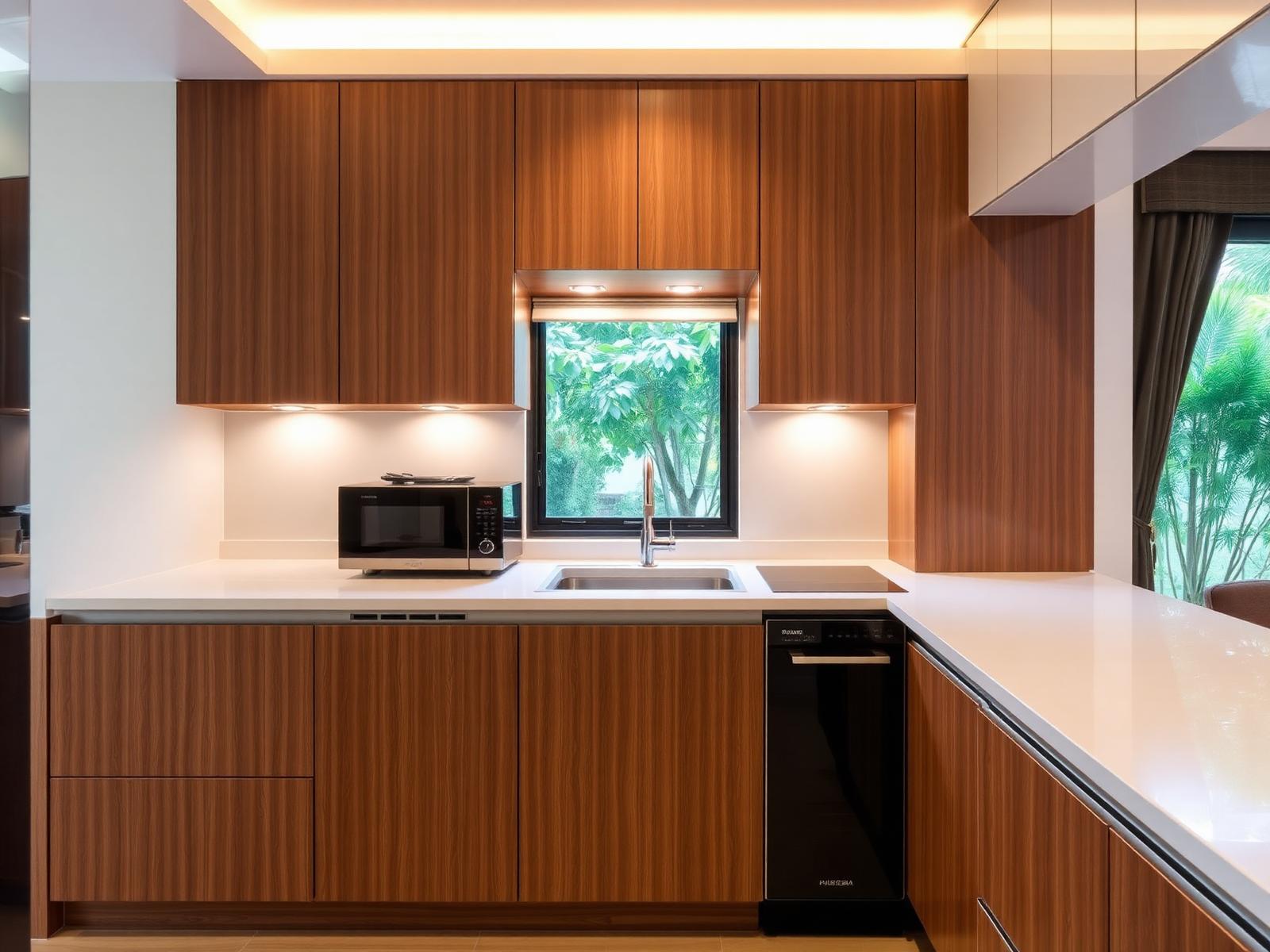 Walnut laminate kitchen cabinets in a Singapore condominium