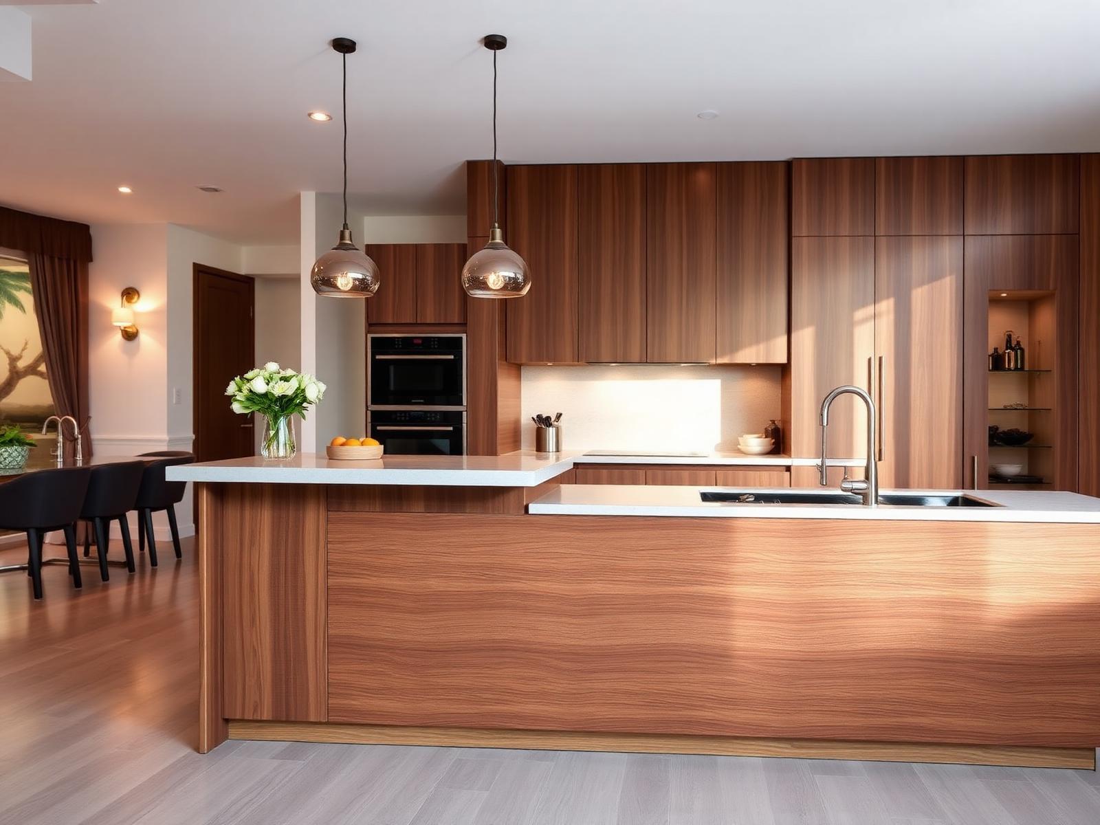 Walnut kitchen island with stone waterfall counter