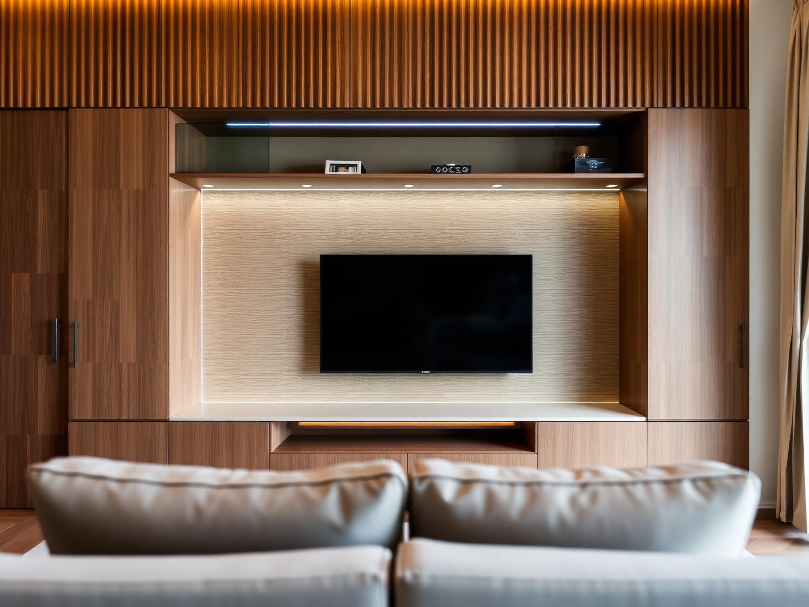 Fluted timber TV feature wall with hidden storage