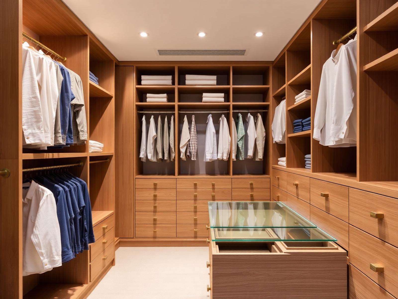 Oak walk-in wardrobe with glass-topped jewellery island